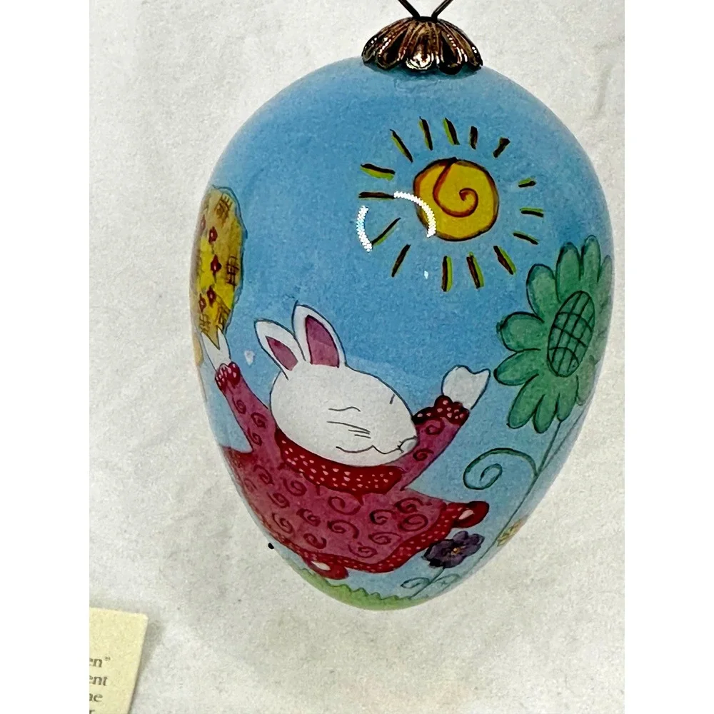 Pier 1 Li Bien Egg Glass Hanging Ornament Bunny Rabbit 2003 Hand Painted